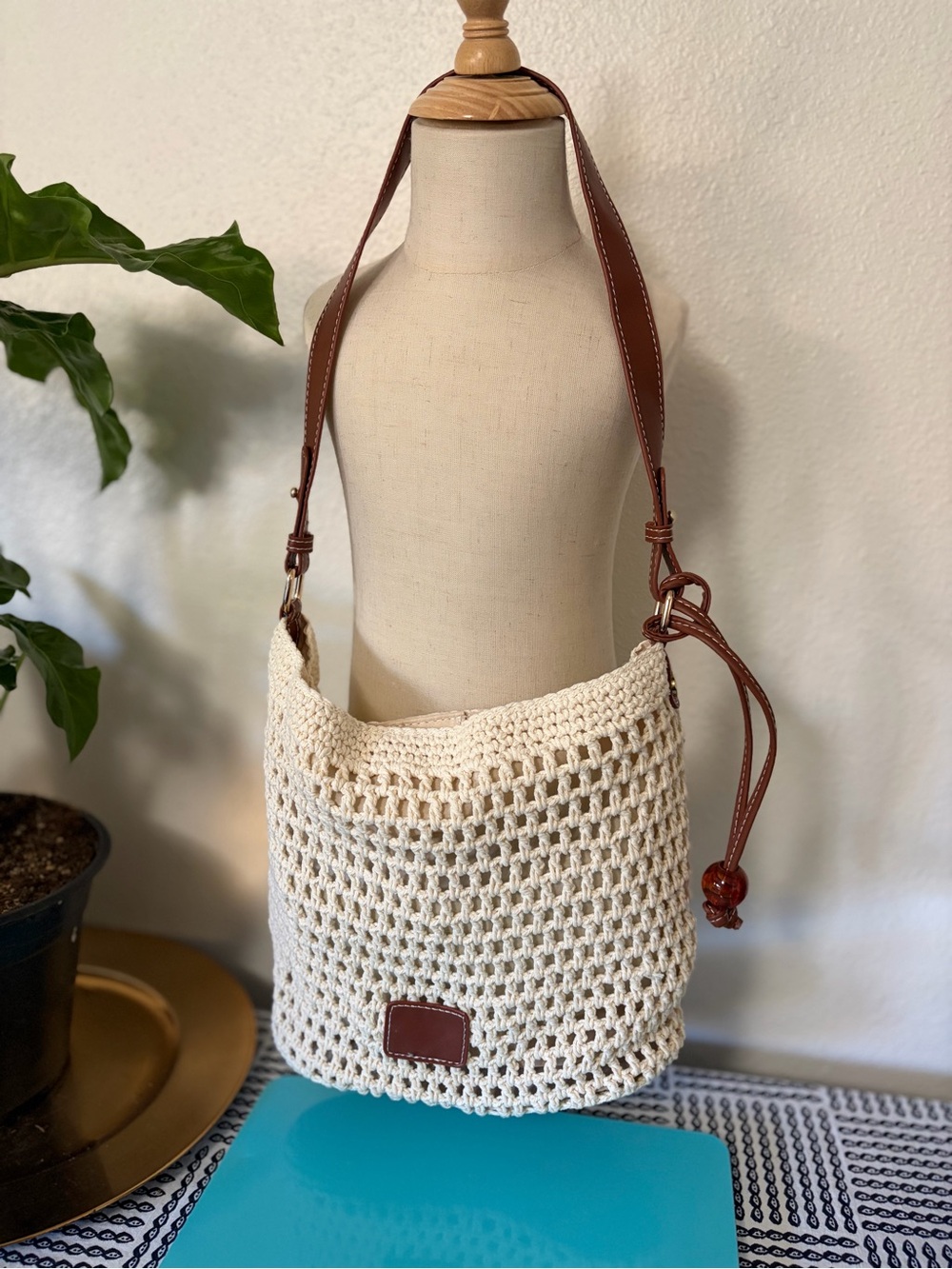 Handcrafted Cream Crochet Shoulder or Crossbody Bag with Brown Leather Strap